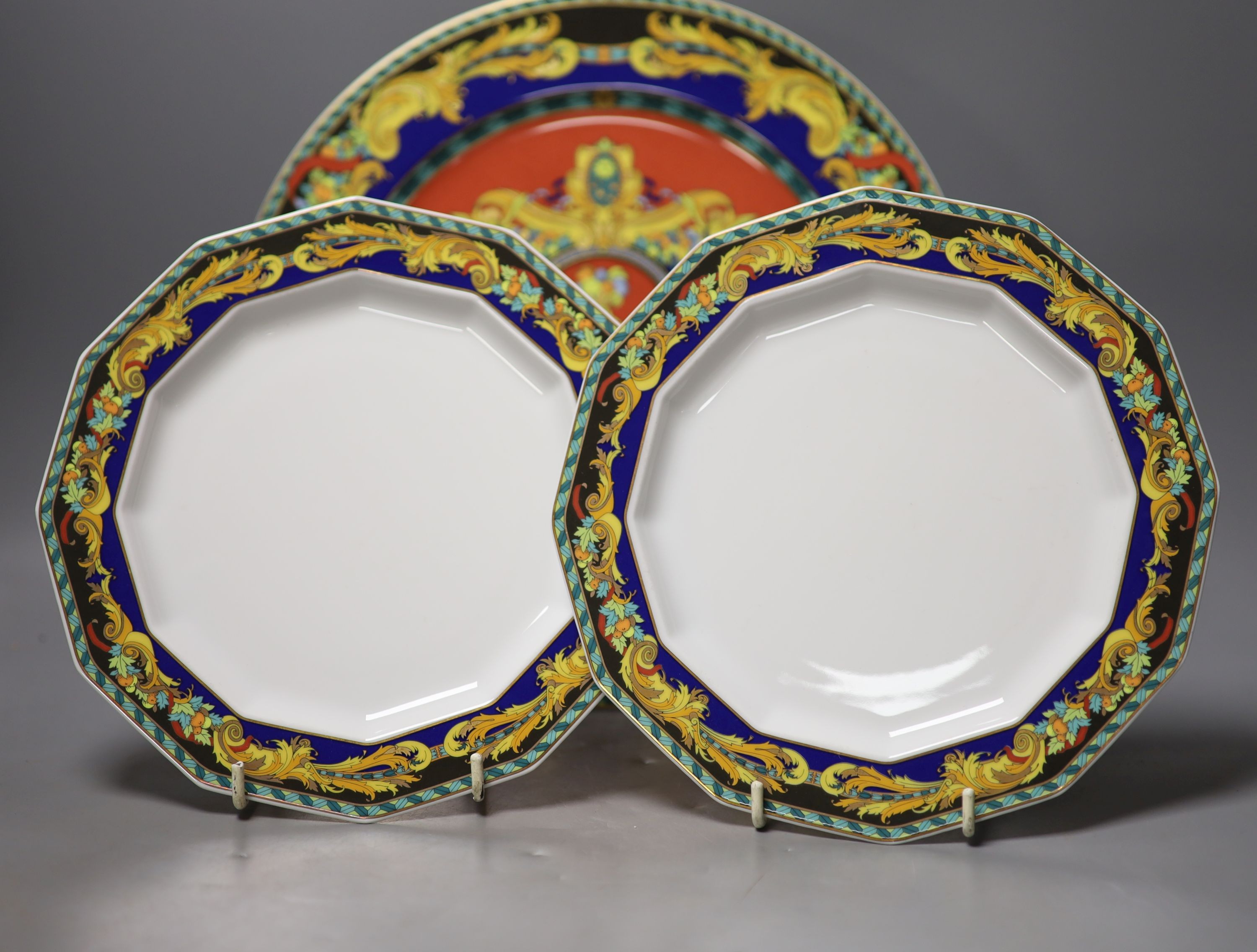 A group of Versace Rosenthal Le Roi Soleil plates and coffee cups and saucers and a bowl, 18.5cm, ten in total